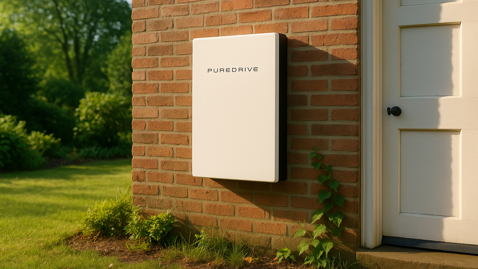 An outdoor scene with a brick wall, a white electric vehicle charger labeled 'PUREDRIVE,' part of a white door, and green vines growing near the wall, under sunlight.