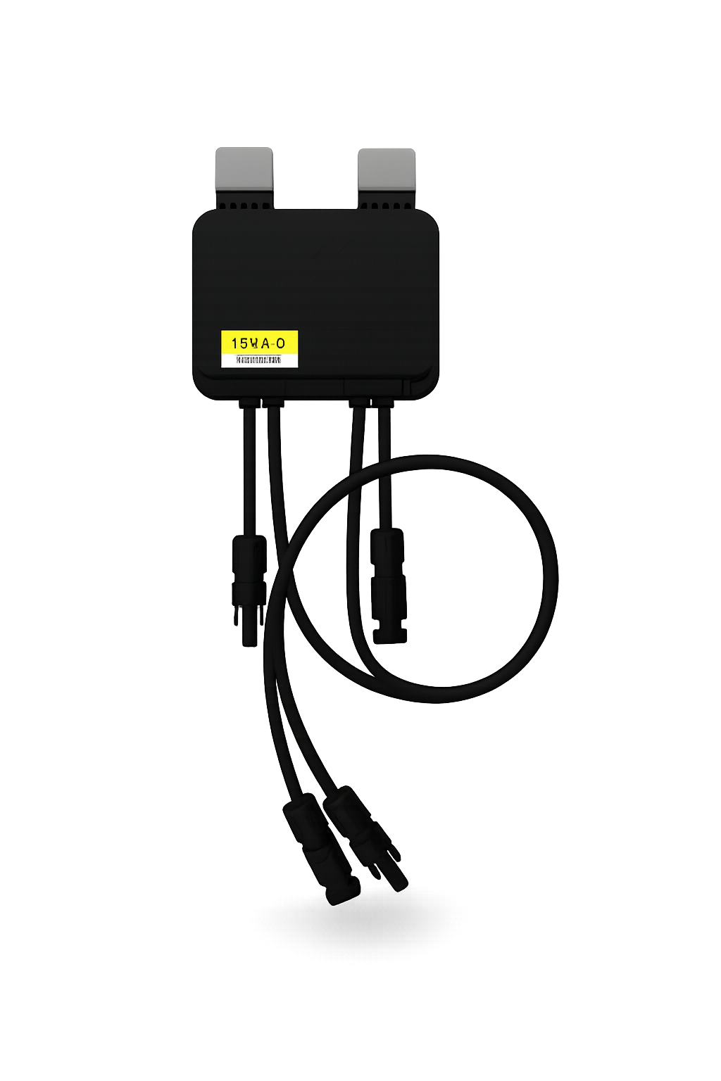 Electronic device with black rectangular body, multiple black cables, and a yellow label with black text, against a dark, colorful background.