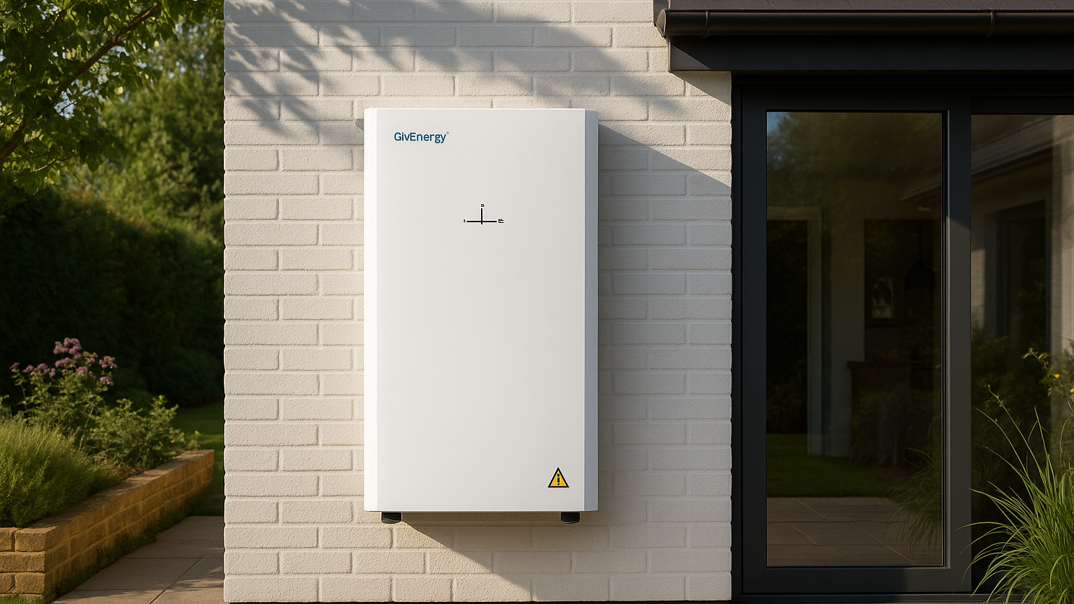A white electrical or solar panel unit mounted on a brick wall outside a house, with a black sliding door nearby.