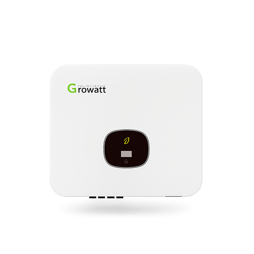 Close-up of a white Growatt solar energy inverter with a black electronic display in the center and a green logo in the top left corner, set against a neutral gray background.