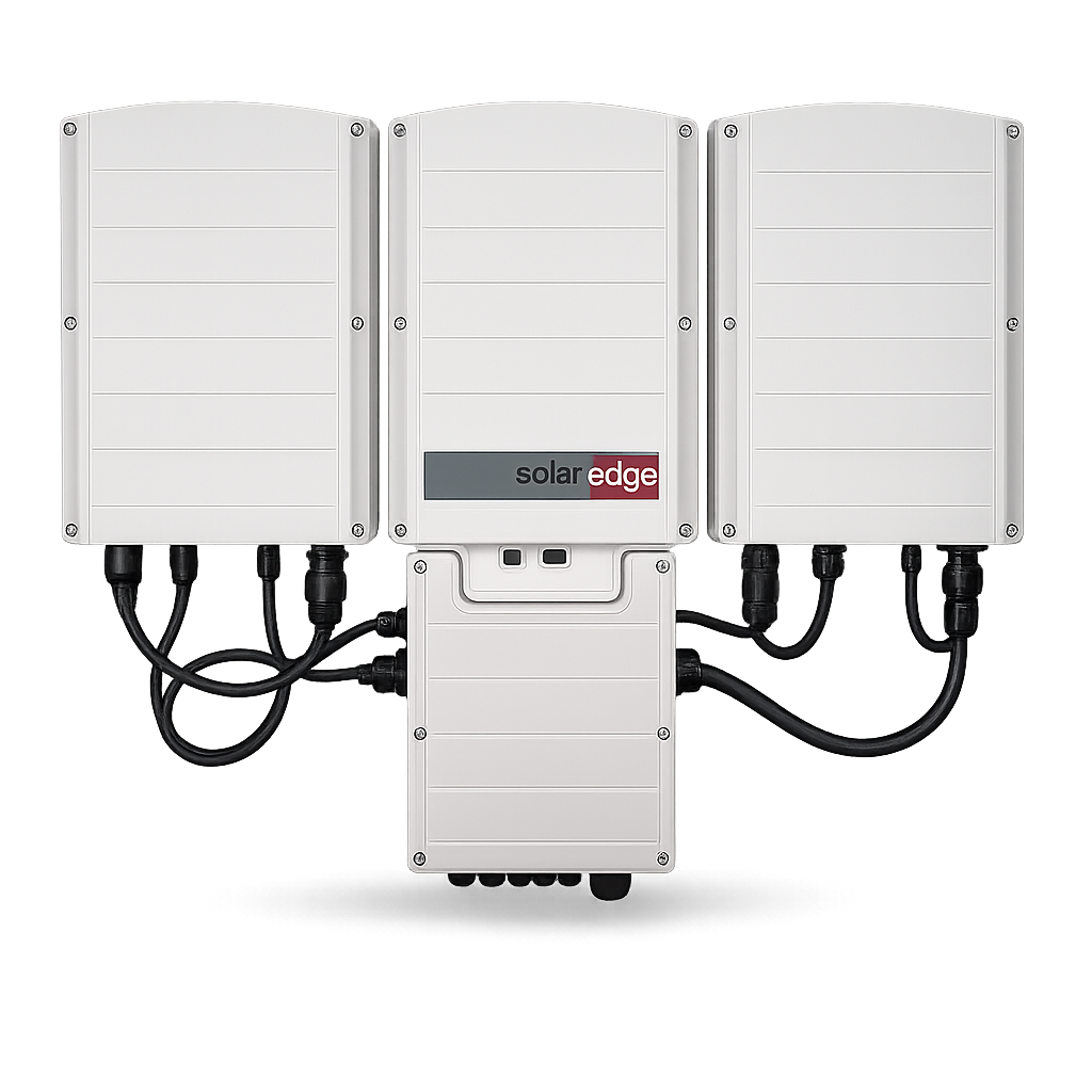 A large white solar inverter labeled 'solar edge' with multiple black cables connected at the bottom.