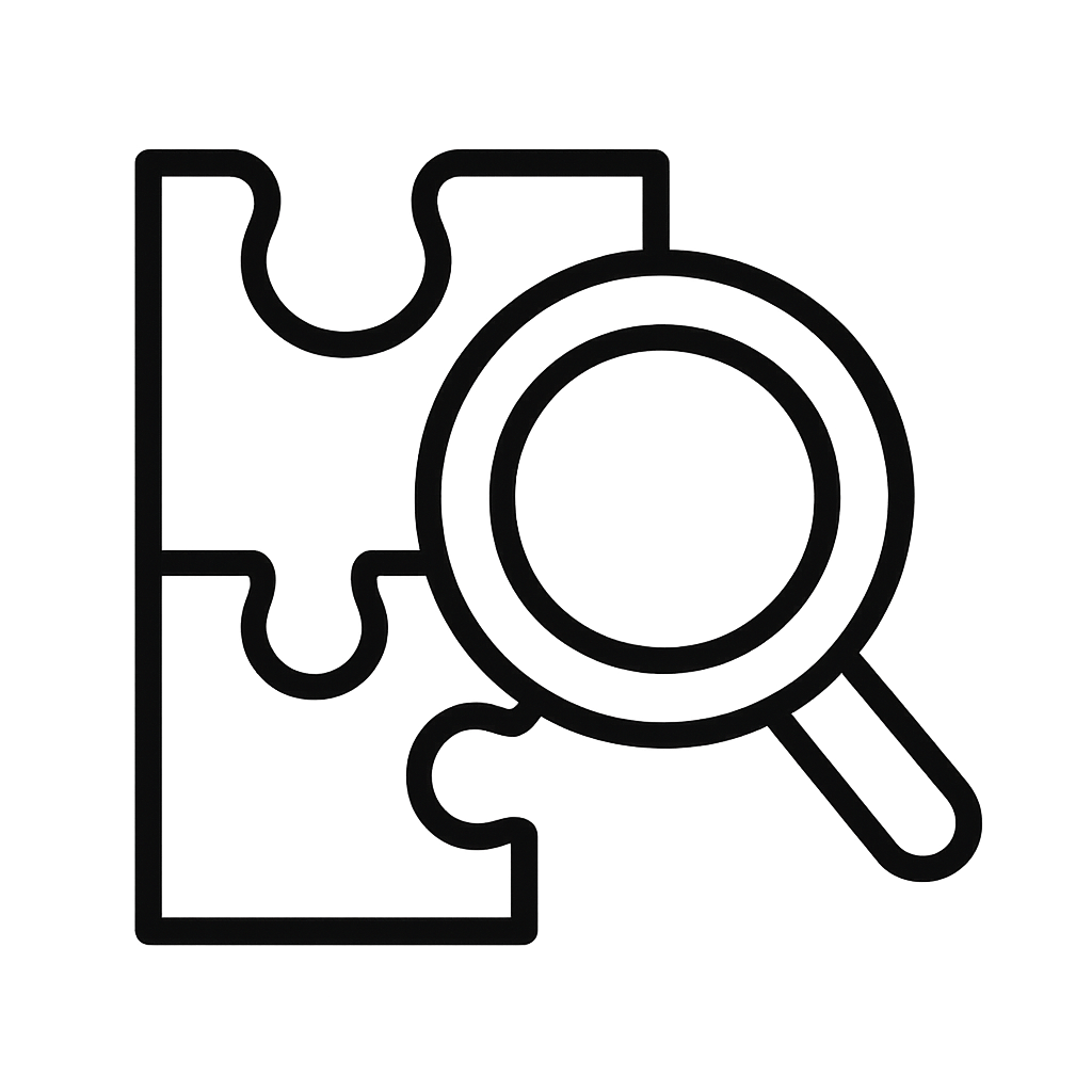 Line drawing of a puzzle piece with a magnifying glass icon