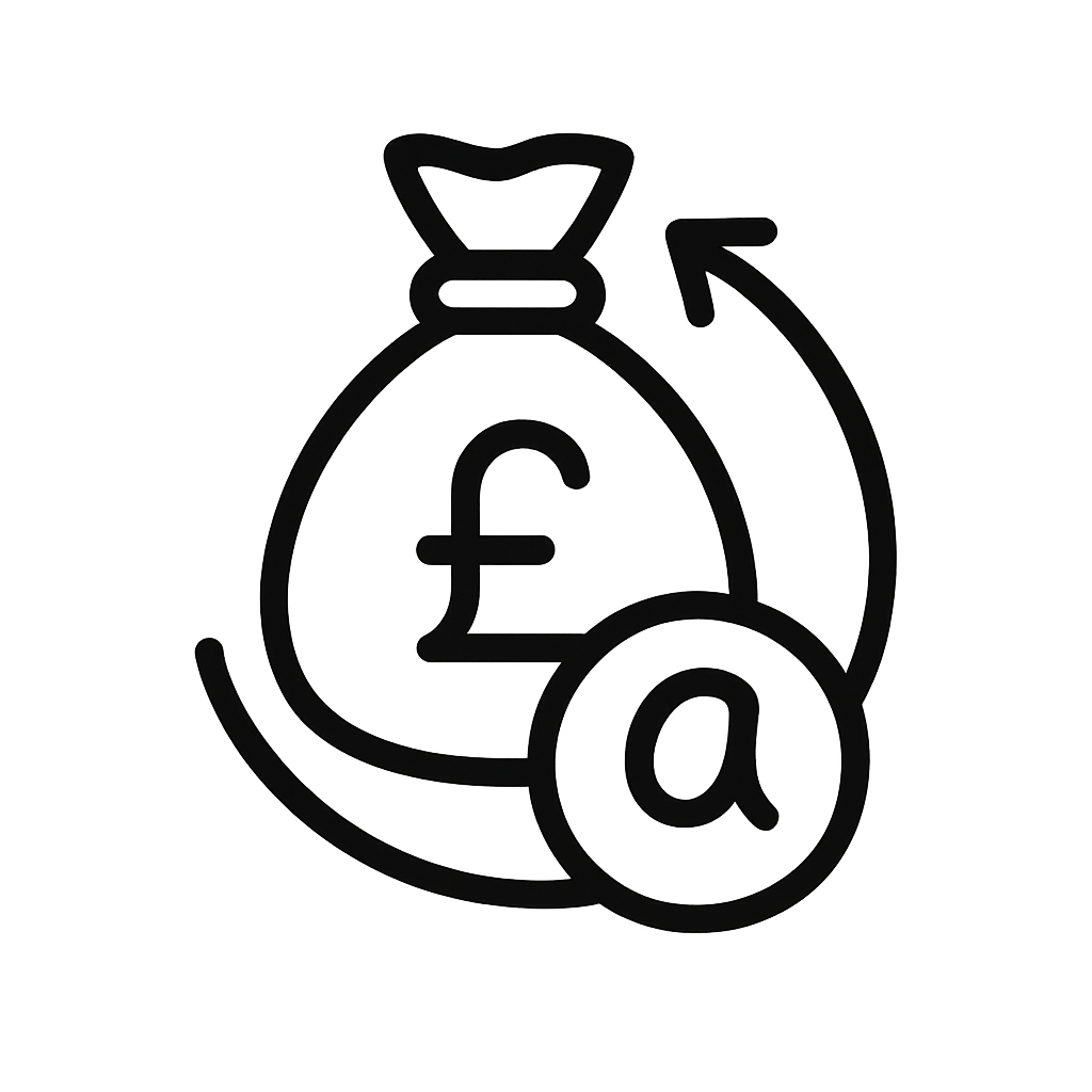 Line drawing of a money bag with a British pound symbol, an arrow, and an at symbol.