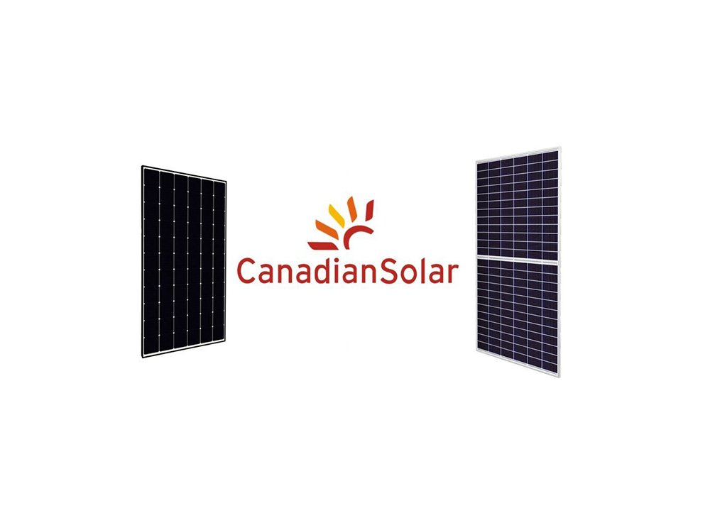 Logo of Canadian Solar with two solar panels on either side.