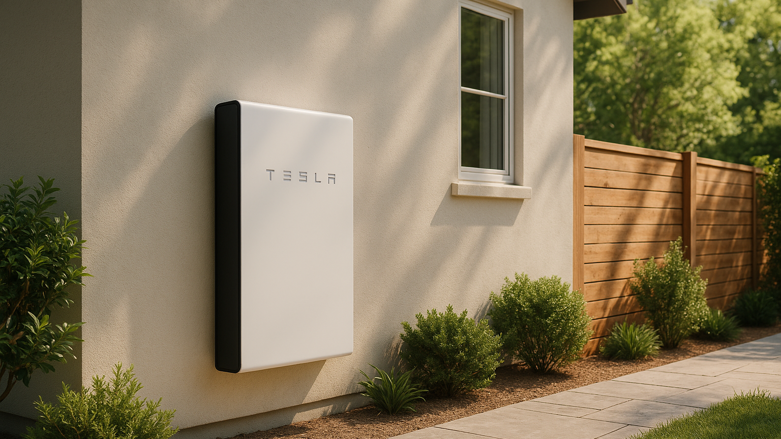 Tesla Powerwall mounted on the exterior wall of a house near a window, with a wooden fence and plants nearby.
