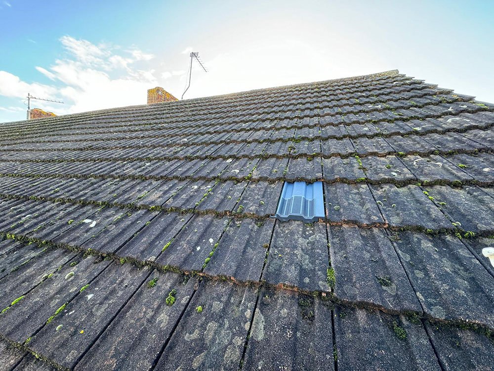Close-up of a sloped outdoor roof with weathered, moss-covered tiles and a small blue metal vent or skylight in the center.