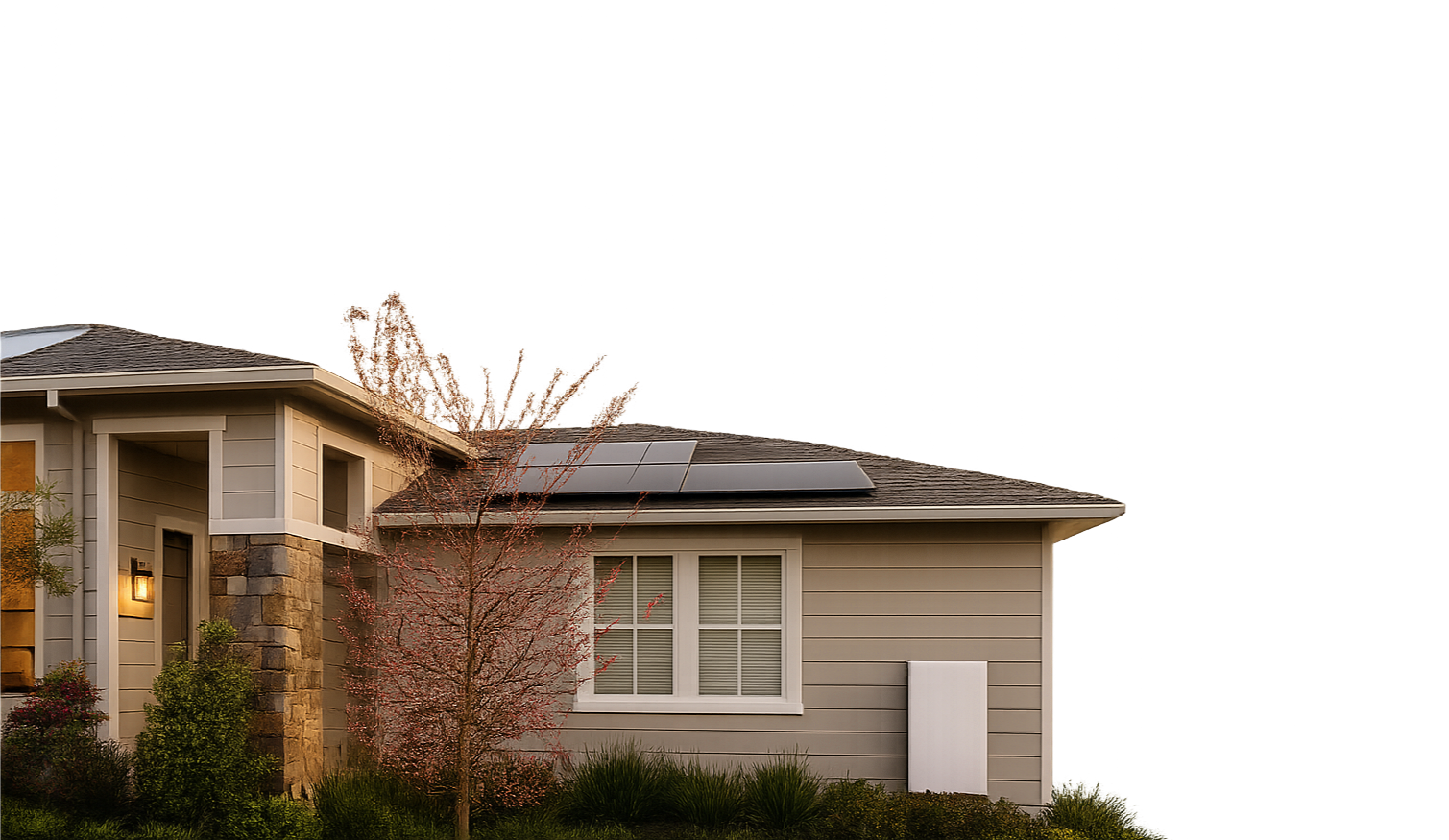 A modern house with solar panels on the roof, exterior window with shutters, and landscaped front yard with a small tree and bushes.