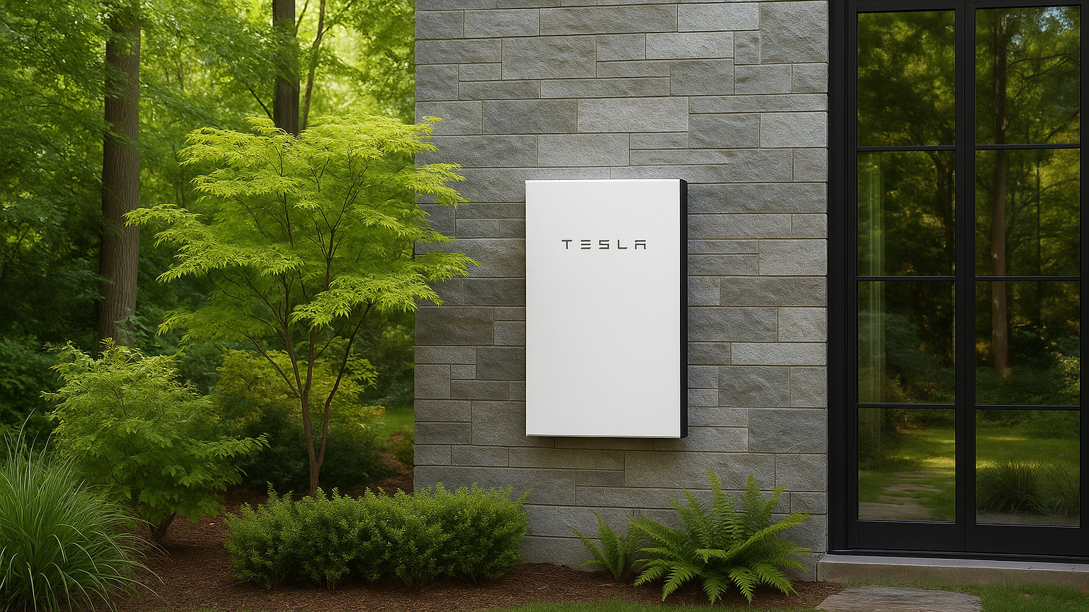Exterior of a building with a gray brick wall, a white Tesla electric vehicle charger mount, a large black-framed window, surrounded by green trees and plants.