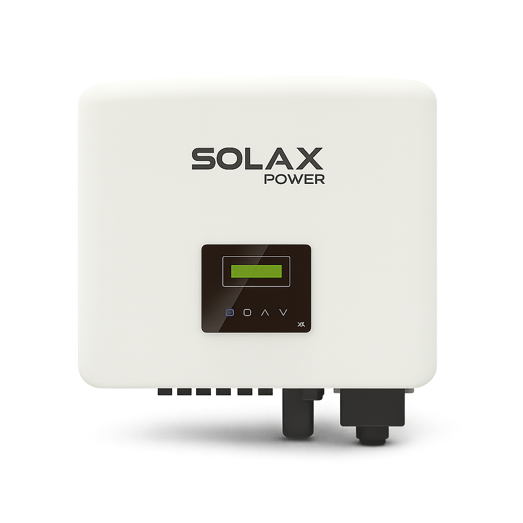 A white Solax Power inverter with a digital display and control buttons on a black background.