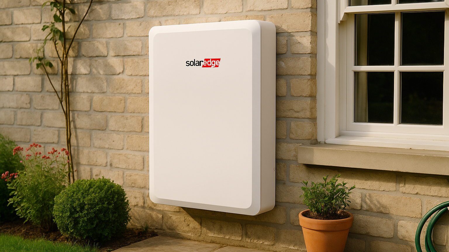 A solar battery storage system installed outside a house with a brick wall, window, and garden plants nearby.