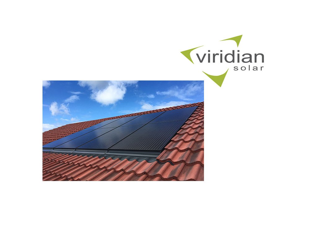 Solar panels installed on a red tile roof with the Viridian Solar logo in the top right corner.