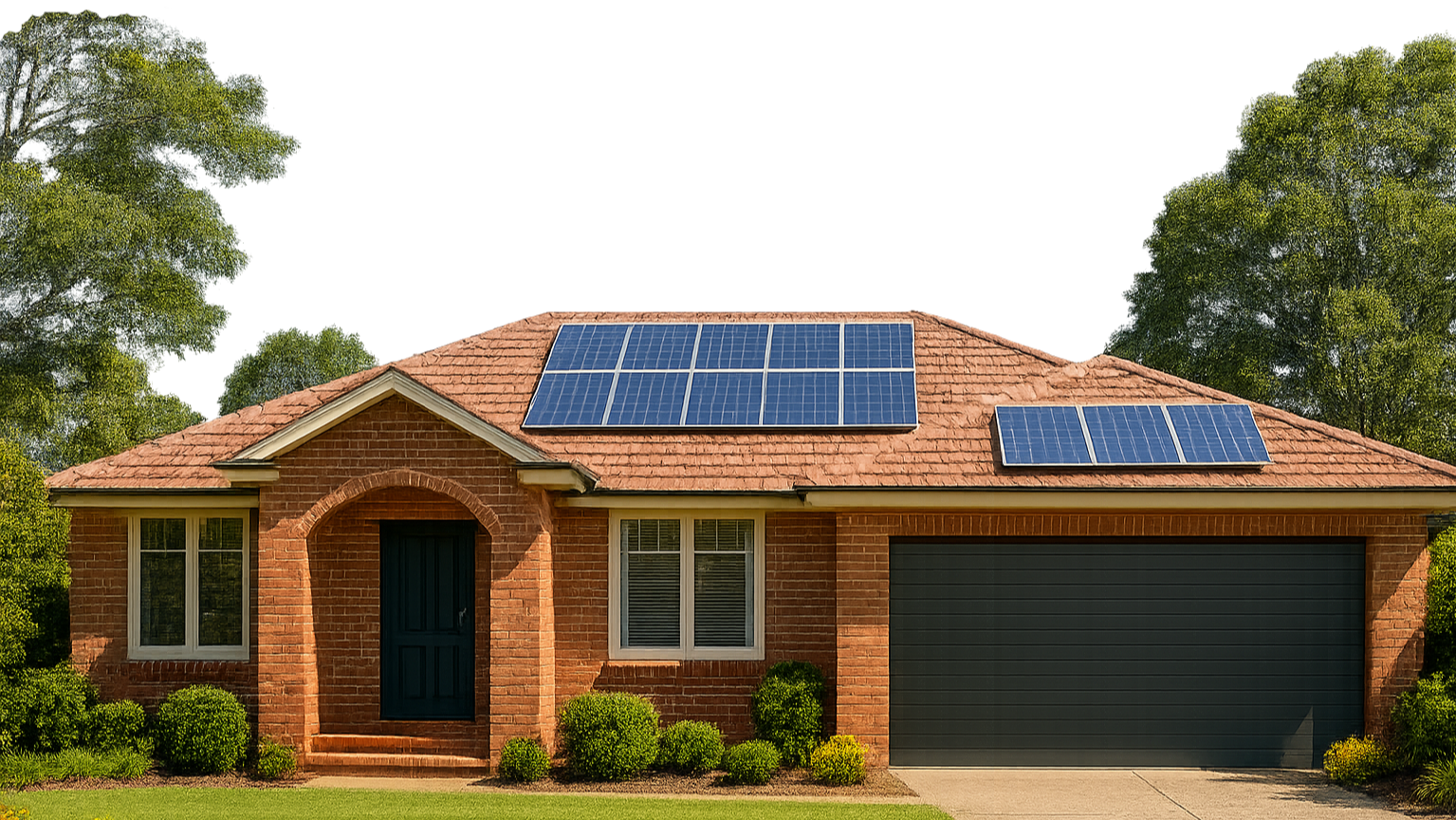 Brick house with solar panels on the roof, surrounded by green bushes and trees.