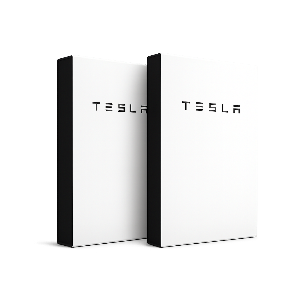 Two white boxes with the Tesla logo on the front, standing against a black and gray background.