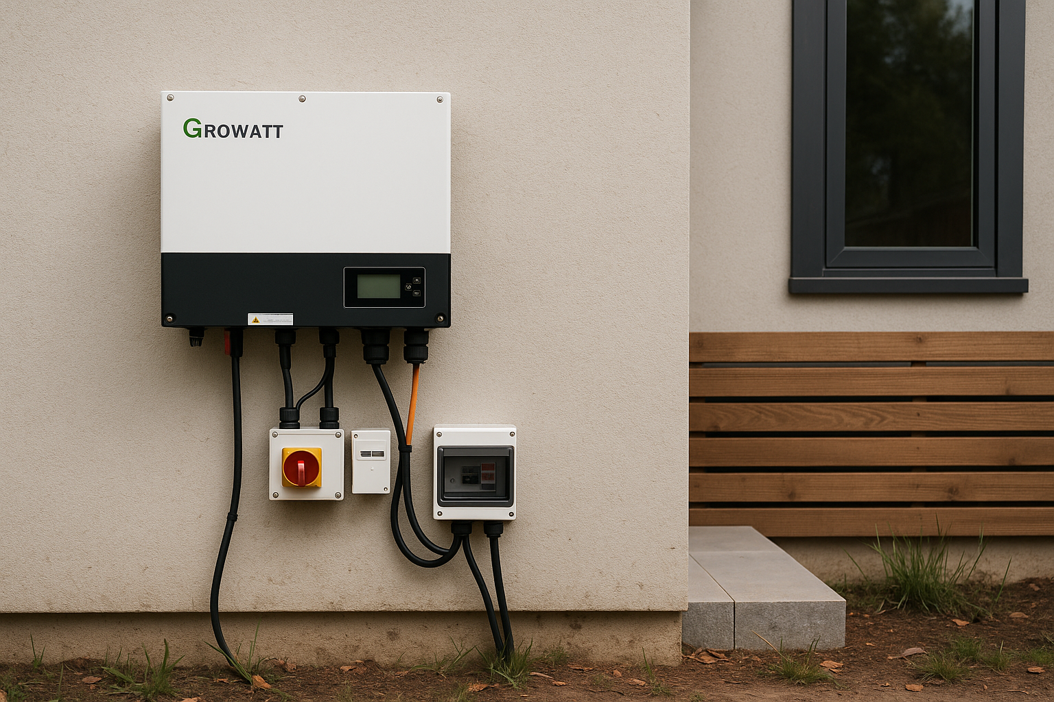 A Growatt solar inverter installed on exterior a wall of a building, with electrical connections and a power switch below, and a small protected box to the right.