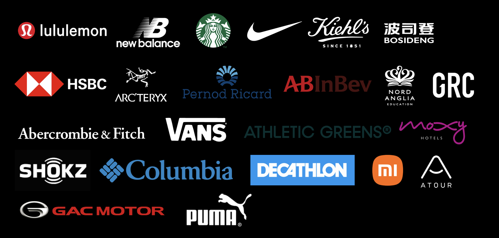 A collection of logos from various well-known brands, including lululemon, new balance, Starbucks, Nike, Kiehl's, Bosideng, HSBC, Arc'teryx, Pernod Ricard, AB InBev, Nord Anglia Education, GRC, Abercrombie & Fitch, Vans, Athletic Greens, Moxy Hotels, Shokz, Columbia, Decathlon, Xiaomi, Atour, GAC Motor, and Puma.