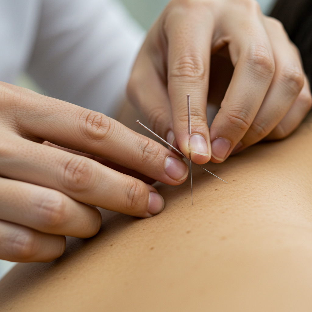A person is receiving acupuncture therapy, with thin needles inserted into their skin at an acupuncture point.