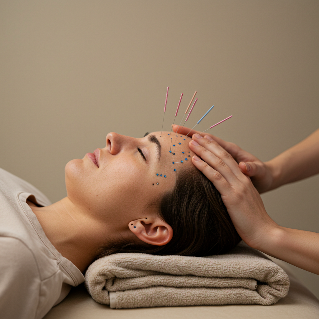 Woman receiving acupuncture treatment on forehead, lying down with eyes closed, with needles inserted in her forehead and scalp.