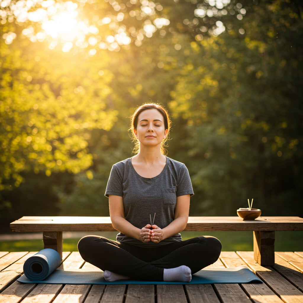 Woman practicing meditation outdoors on a wooden deck during sunset, sitting cross-legged on a yoga mat with closed eyes, holding a incense stick, with a bowl and chopsticks nearby.