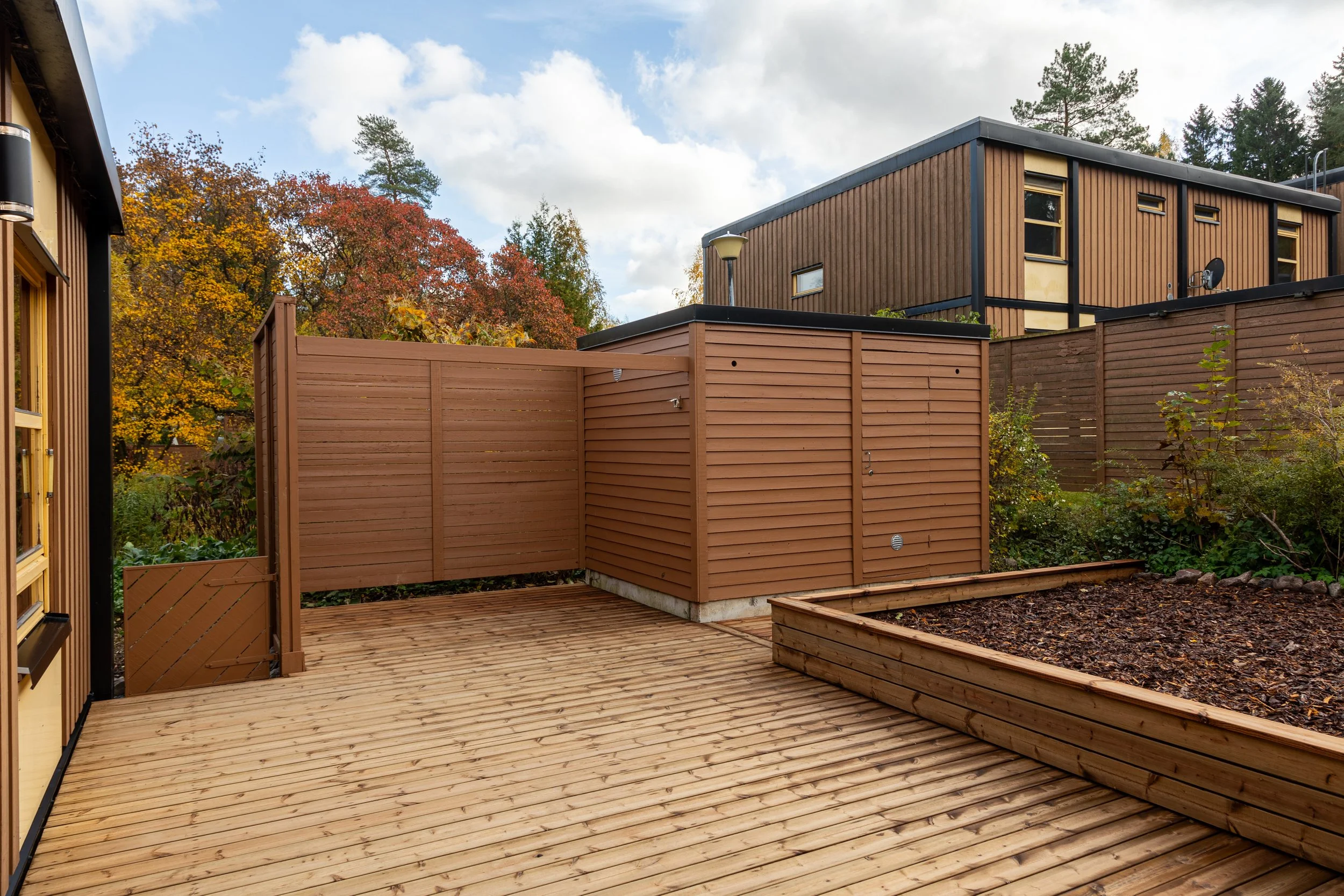 Backyard with wooden deck, brown fence, and garden bed with plants, neighboring houses with wooden siding, and trees with fall foliage under a partly cloudy sky.