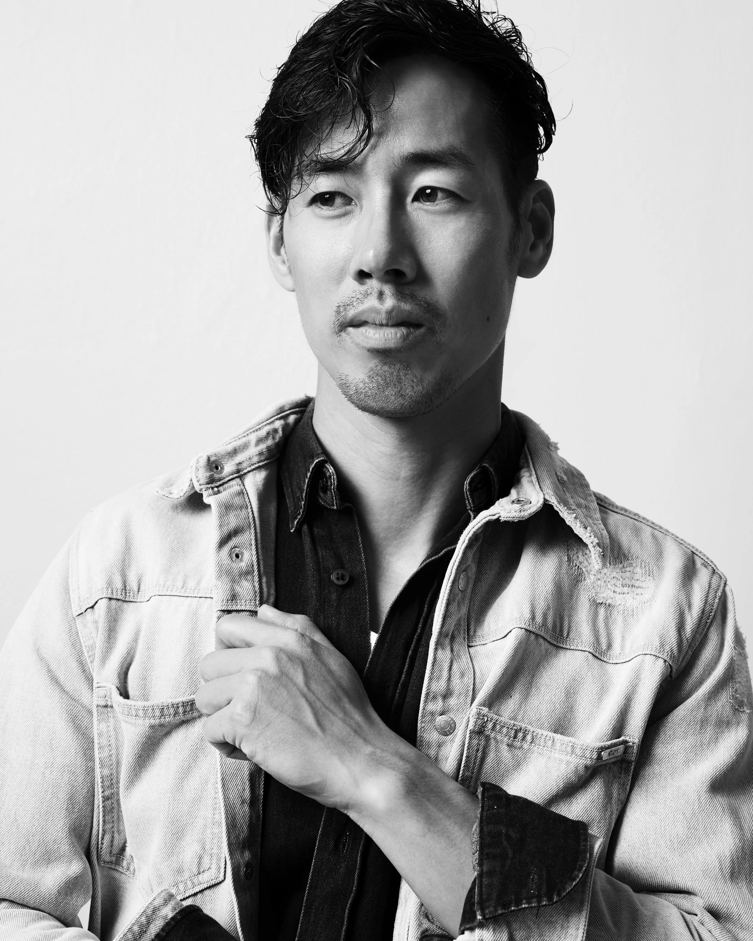 Ray Yee, Asian male model in Melbourne, black and white portrait in a denim jacket