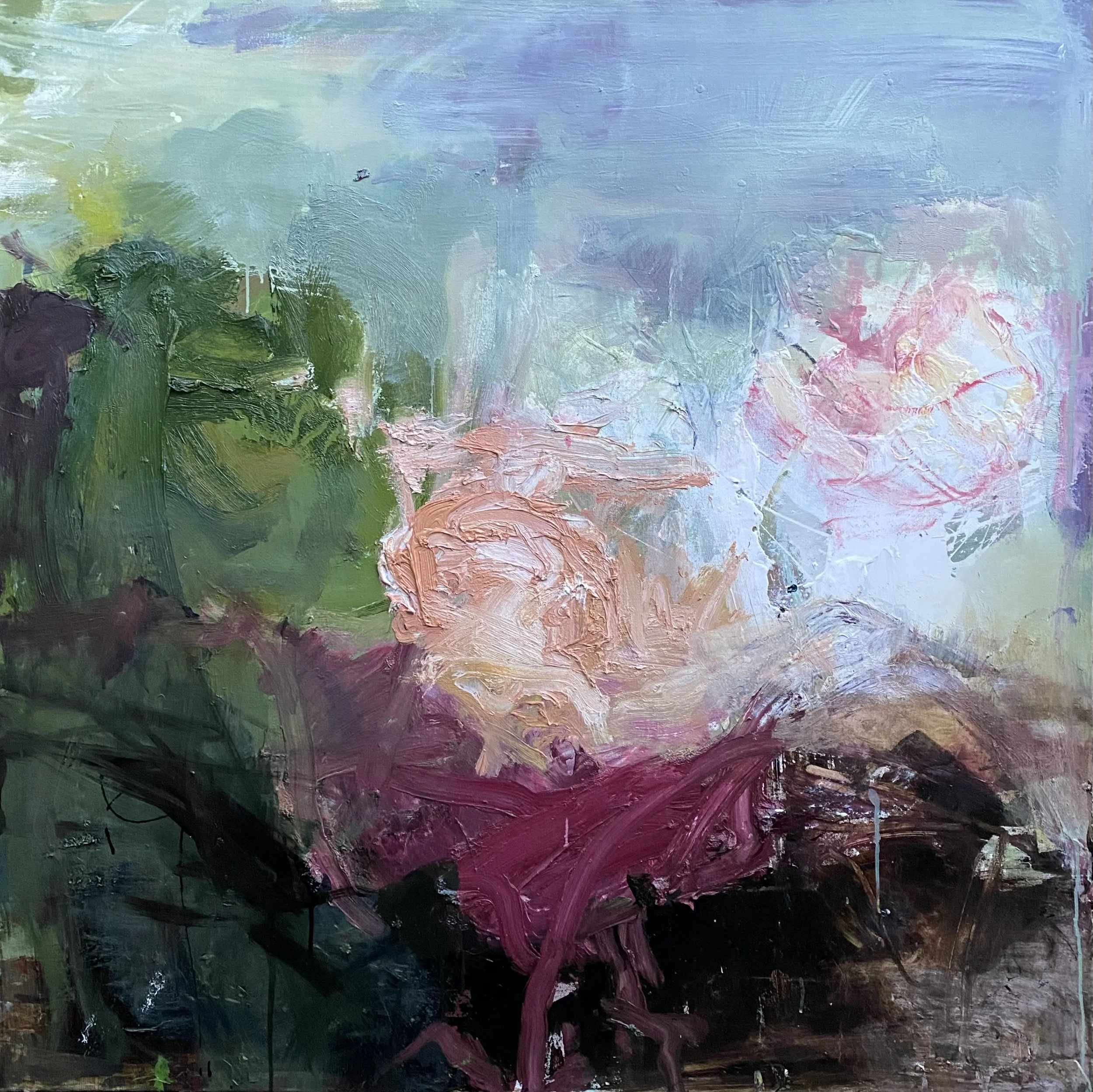Event flyer with details about upcoming art fairs and exhibitions, featuring an abstract landscape painting with green, blue, and white tones in the background.