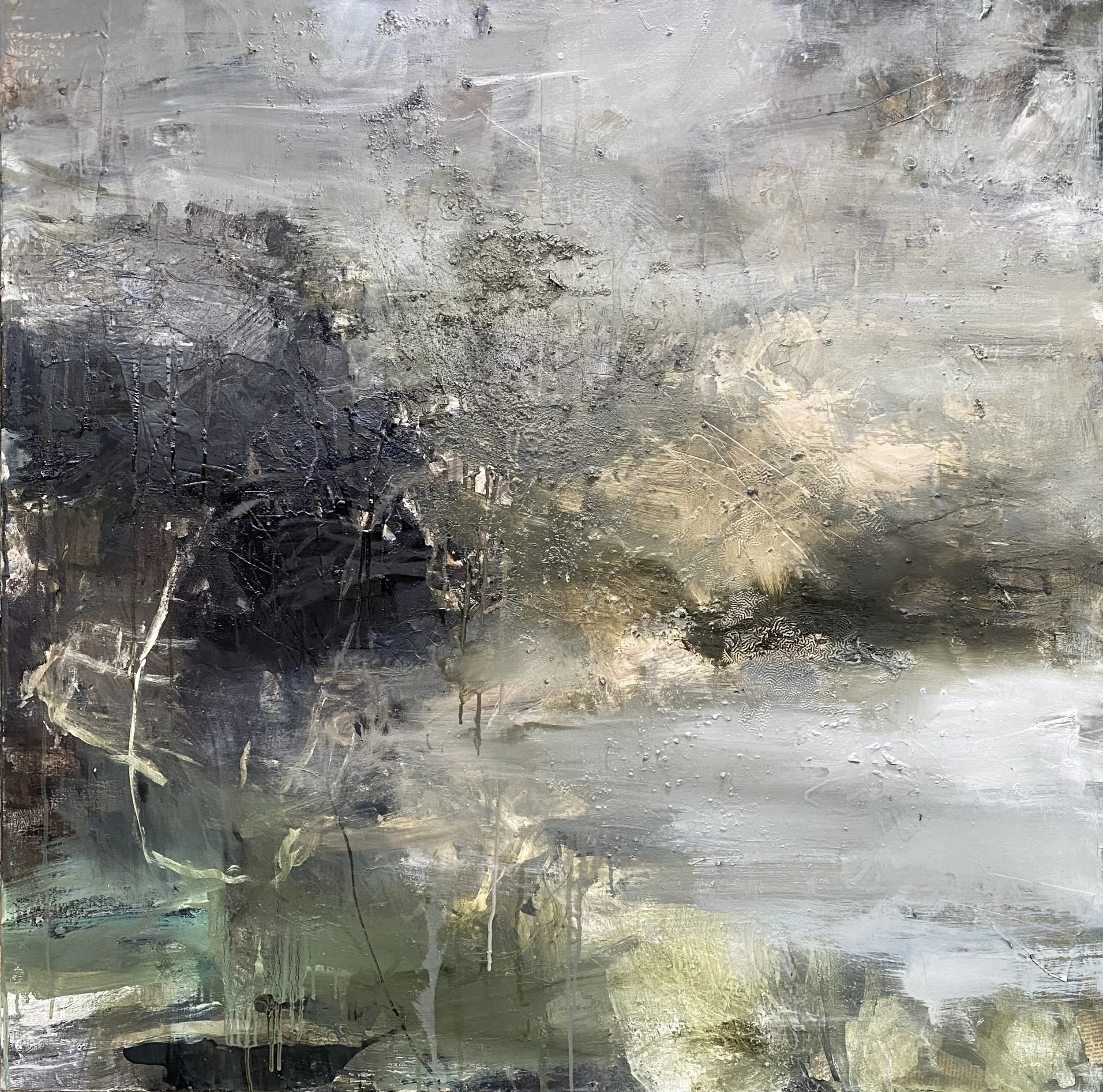 In exile, 2026, Mixed materials on canvas, 100 x 100cm