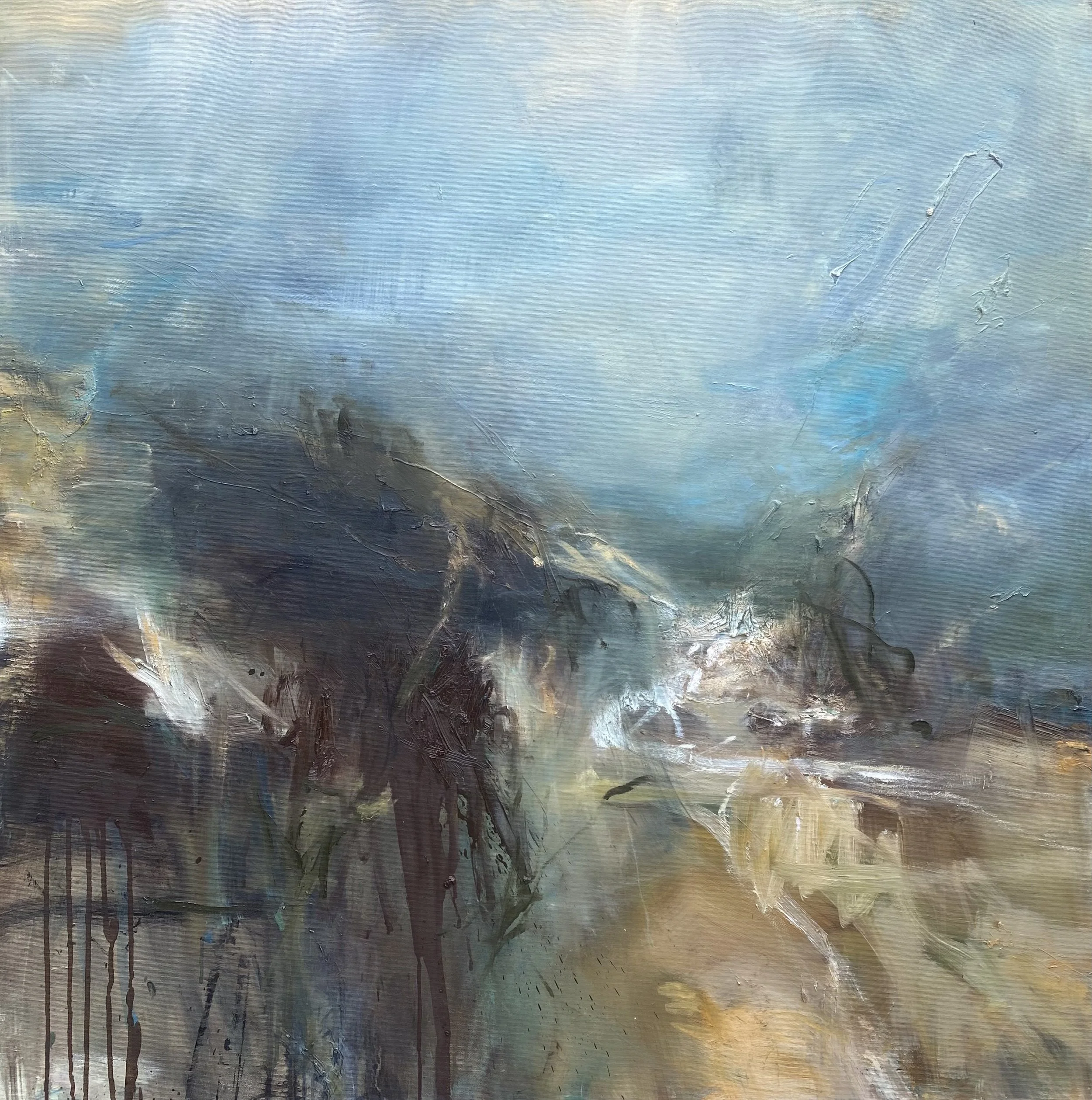 Abstract painting with a mixture of blue, gray, brown, and beige colors, with textured brushstrokes and some drips.