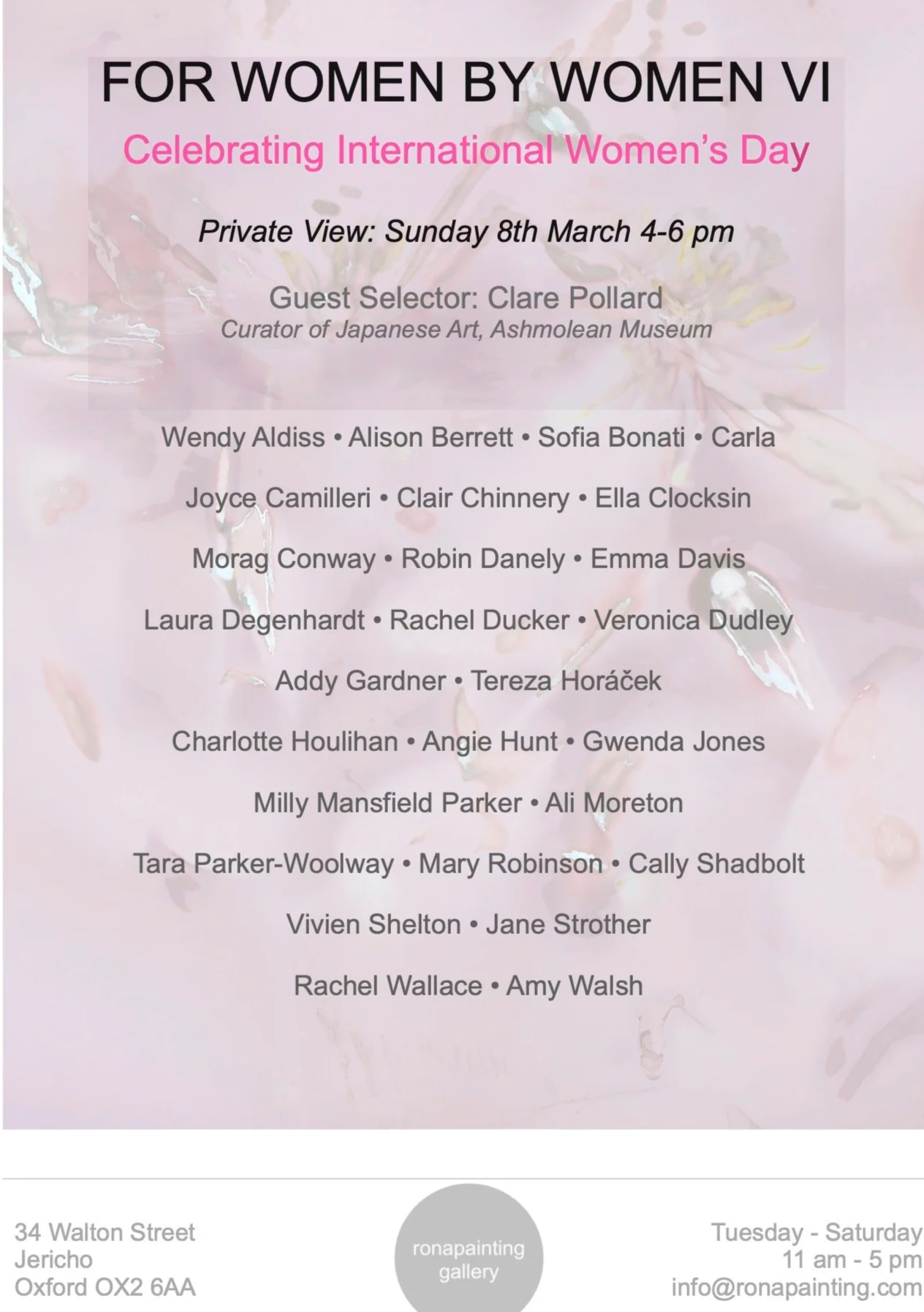 Event poster with pink and gray background announcing 'For Women by Women VI', celebrating International Women's Day, with details of a private view event on Sunday, March 8th, 4-6 pm, and a list of participating women artists.