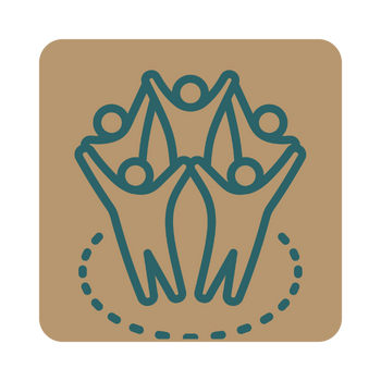 Illustration of five people standing in a circle, holding hands, with dotted lines indicating unity or connection.