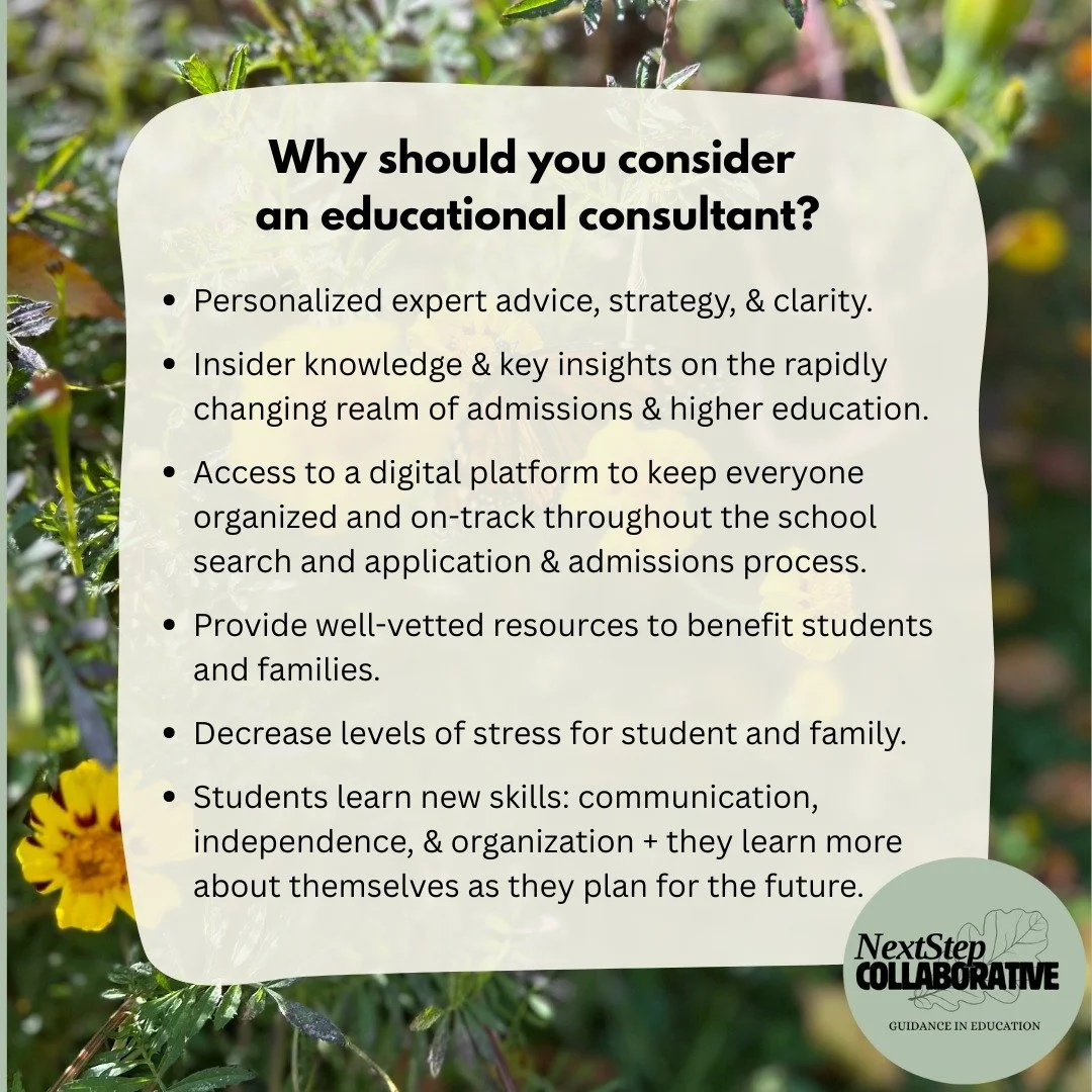 Next Step helps students and families through:

✔Assessing academics and choosing high school courses 
✔Finding the best fit majors and schools
✔Creating college lists 
✔Planning college visits
✔Discussing &amp; planning for college costs, financial 