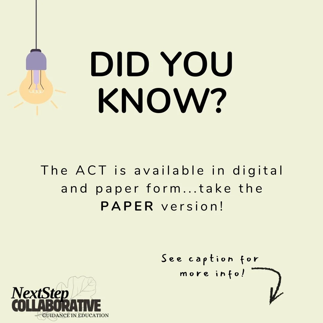 If you're going to take the ACT, choose to take the ⭐paper⭐ version! Unfortunately, students have experienced issues with the digital version. 

Some of the issues:

📌 Tablet/laptop function 
📌 Highlights on passages not saving between questions
📌