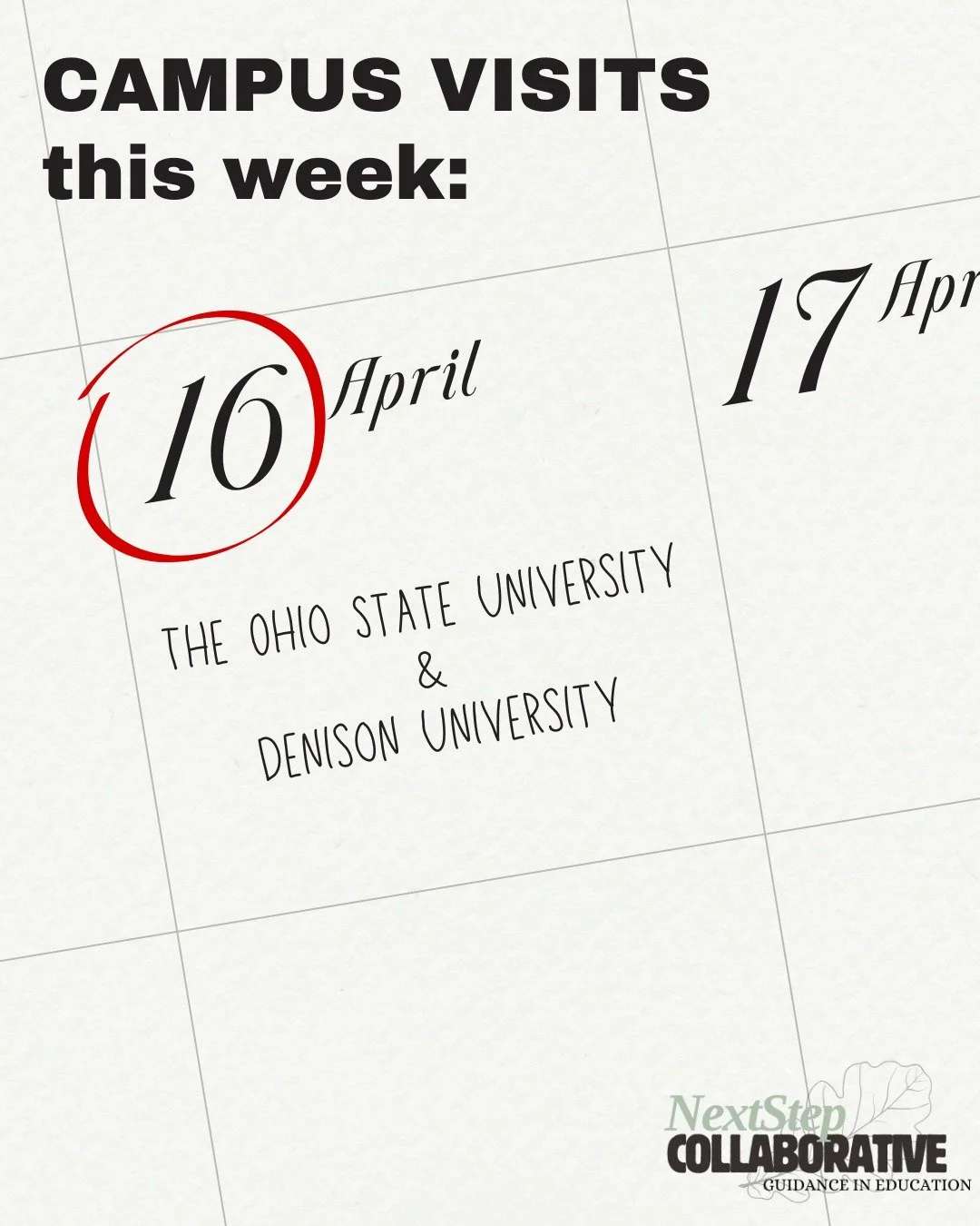 Next Step will be visiting The Ohio State University and Denison University campuses this week. 

We visit college campuses so we can provide students and families with firsthand insight into each school&rsquo;s programs, features, policies, amenitie