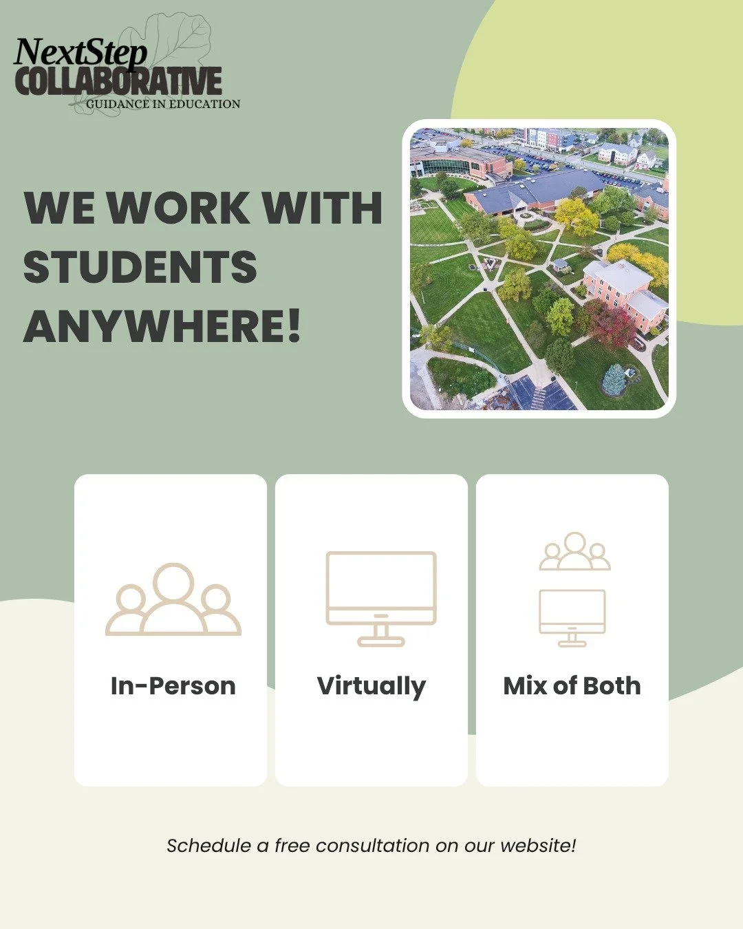 Our resources are all virtually accessible so Next Step can work with students anywhere! 

Link in profile for website to schedule free virtual consultation. 

#collegeadmissions #classof2027 #classof2028