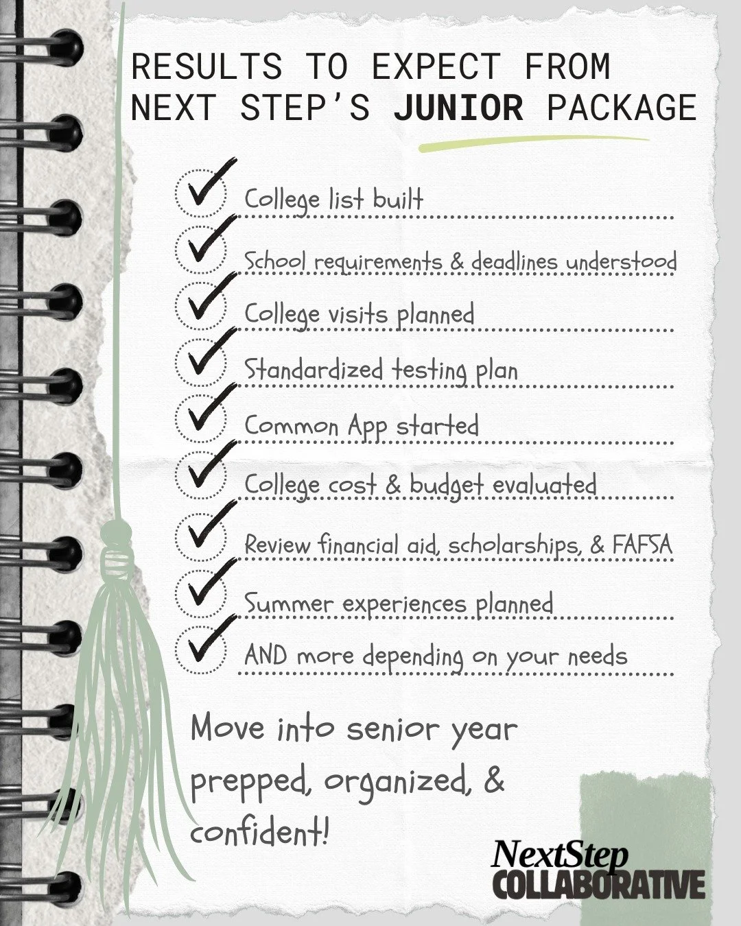 In a nutshell, here's what you can expect from Next Step's package for Juniors in high school. 

Junior sessions begin the summer before junior year and run through the end of junior year. 

Some slots are still available for Juniors for this coming 