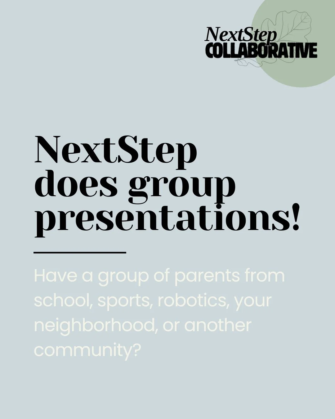 Many of you are in the same boat with your rising juniors and seniors in high school. Become more prepared with a presentation by Next Step.

A Presentation with Q&amp;A session is 90 minutes. A free consultation appointment with a point of contact f