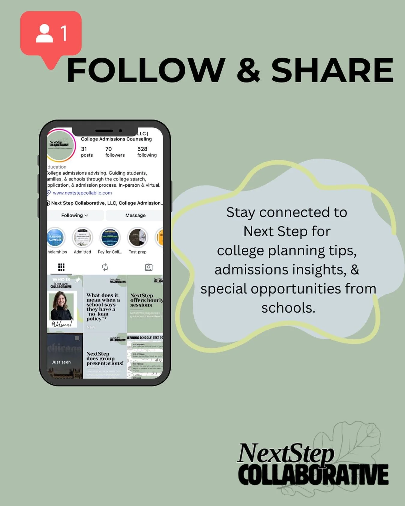 Follow Next Step Collaborative &amp; share with your friends, neighbors, colleagues, and anyone you think may benefit from college planning tips, admissions insights, and special opportunities from schools.