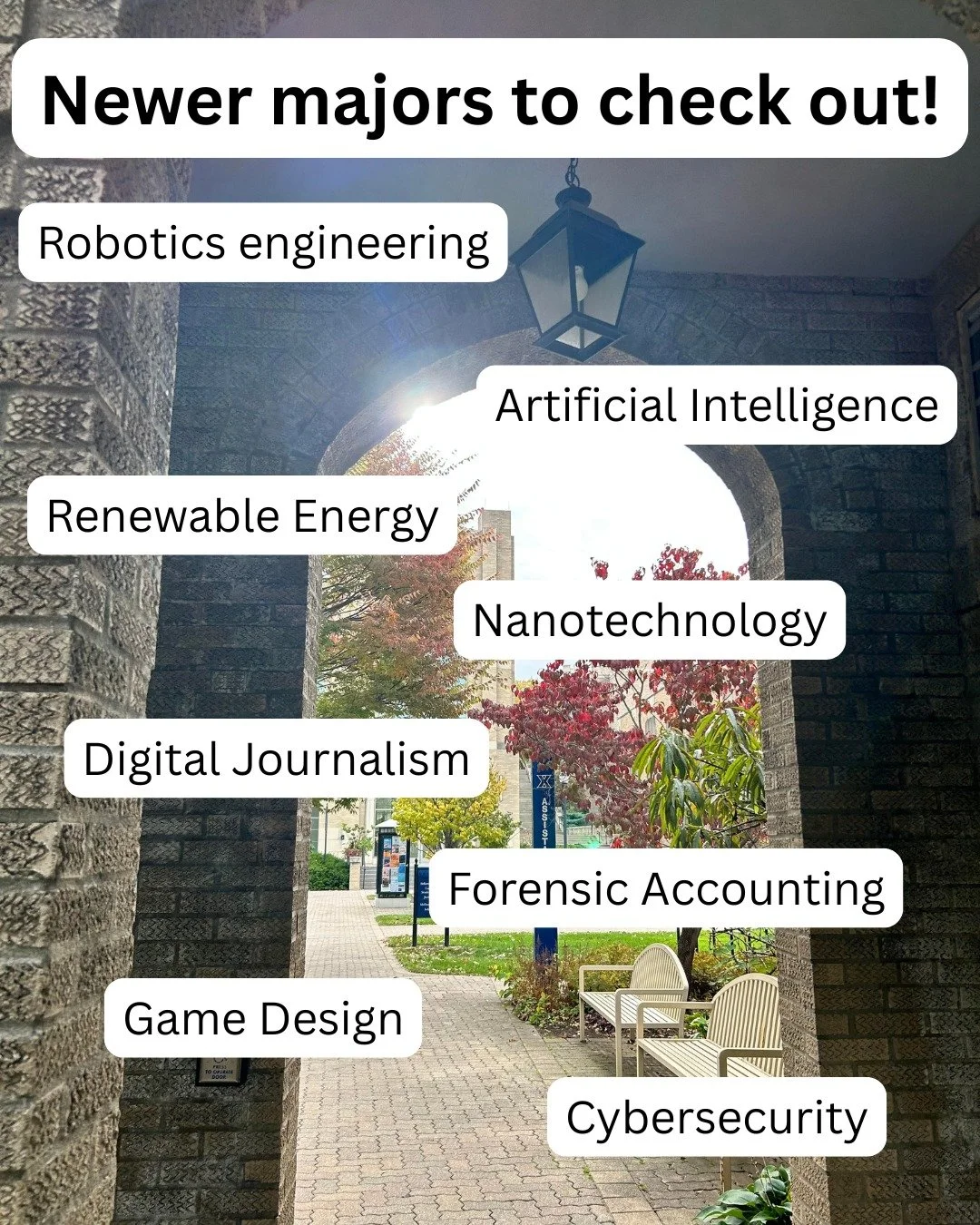 Schools continually develop new majors and curricula to keep pace with a changing world, emerging innovations, and evolving workforce needs. 💡 Check out some of these majors to see if they'd be a good for you!