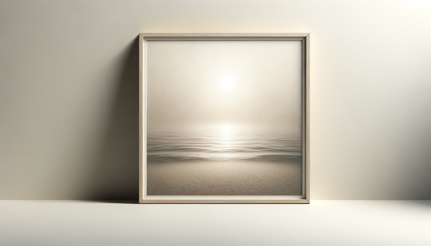 A framed picture of a serene beach scene with the sun shining on calm water, placed against a plain light-colored wall.