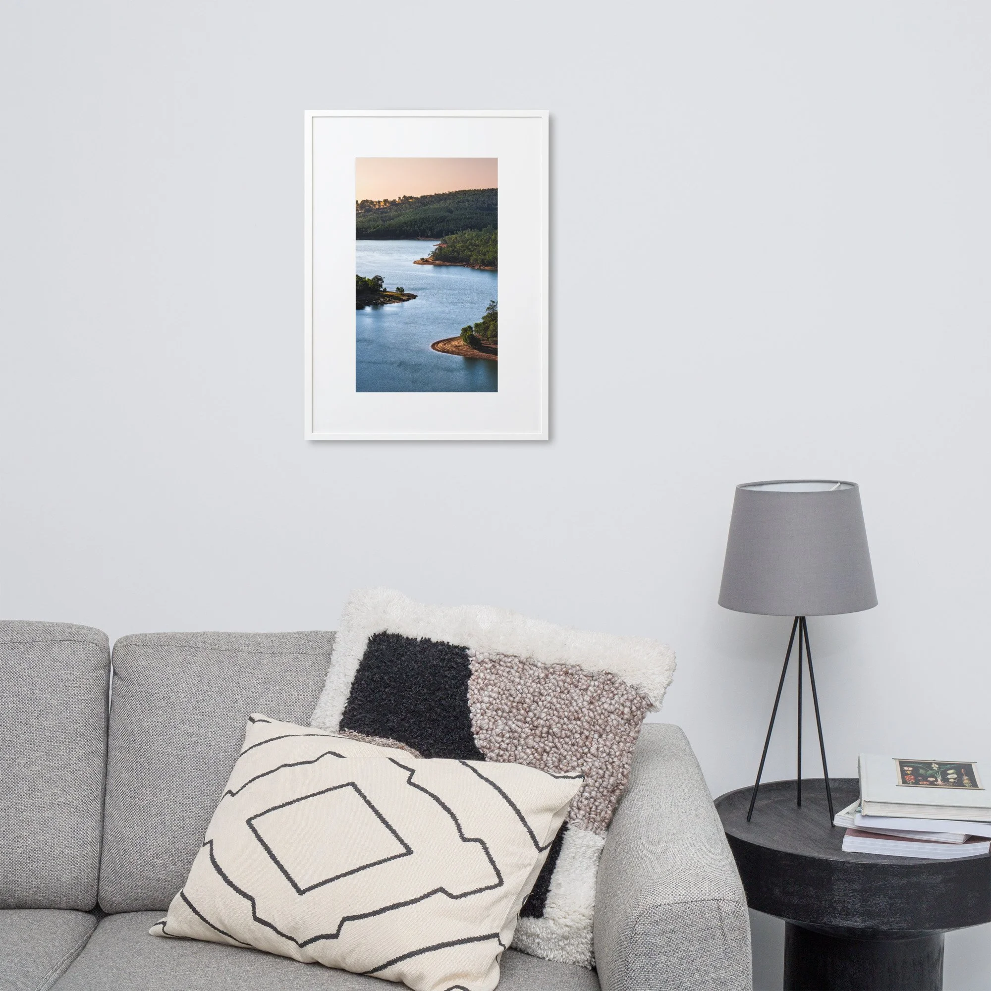 Still Bend - still sunset over dam in modern living room above couch