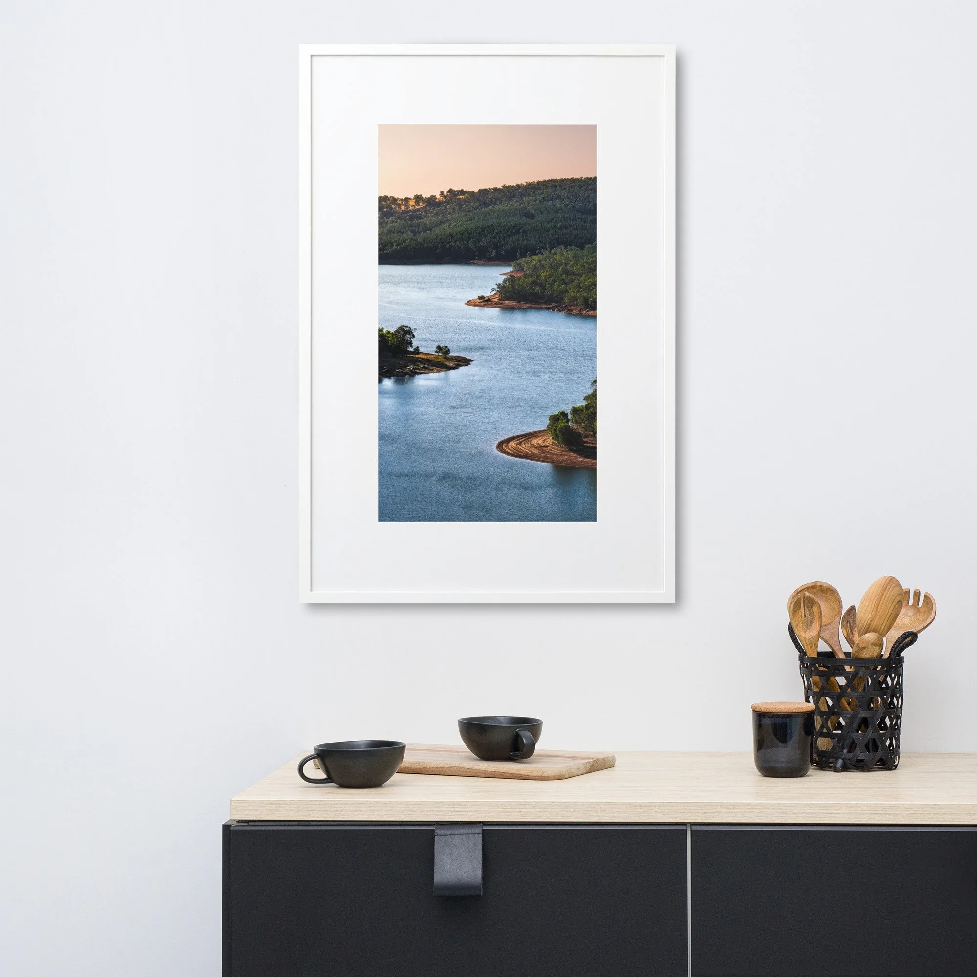 Still Bend - sunset over forest and river in modern living room above buffet