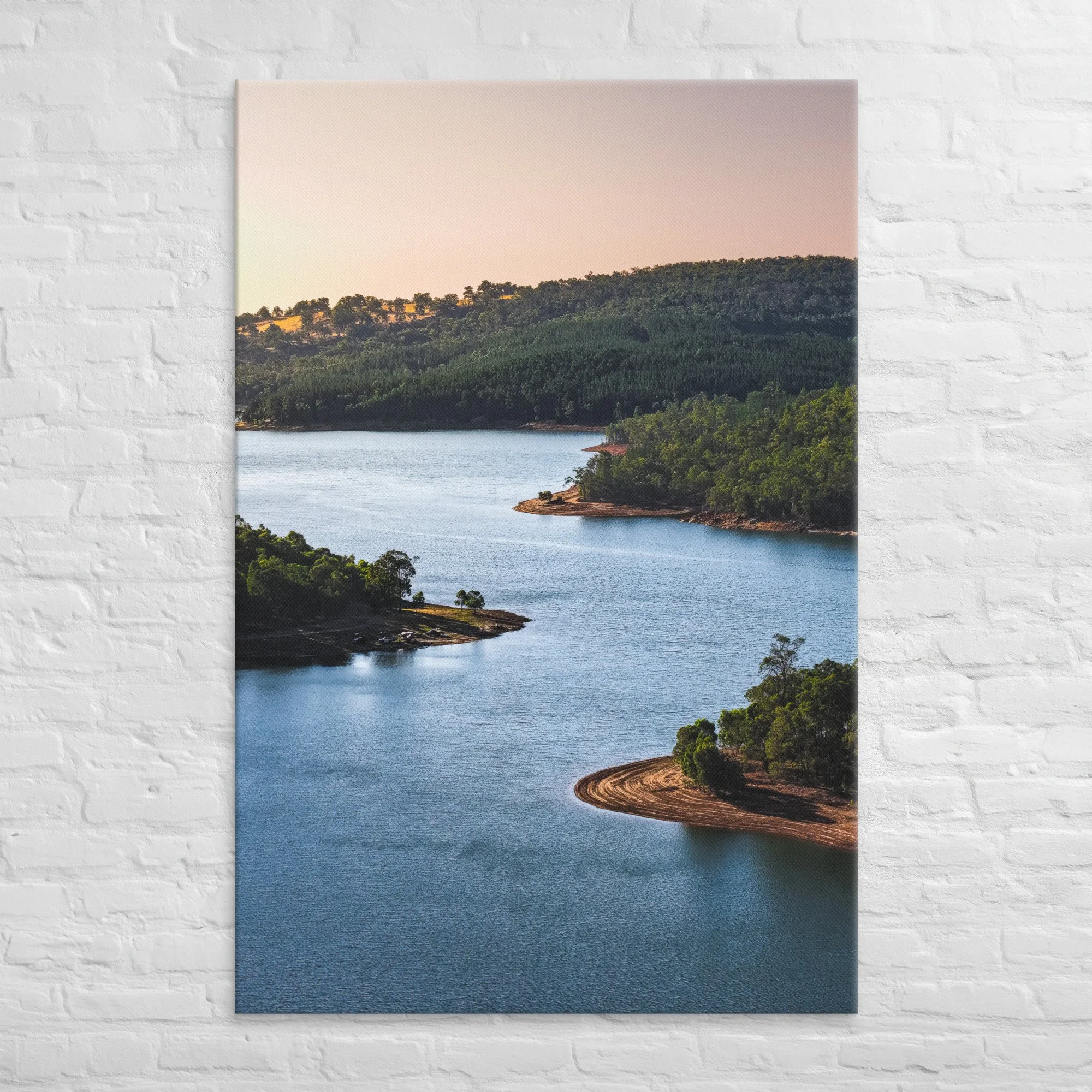 Still Bend - Aerial canvas print, peaceful sunset over forest and river dam, South west, WA