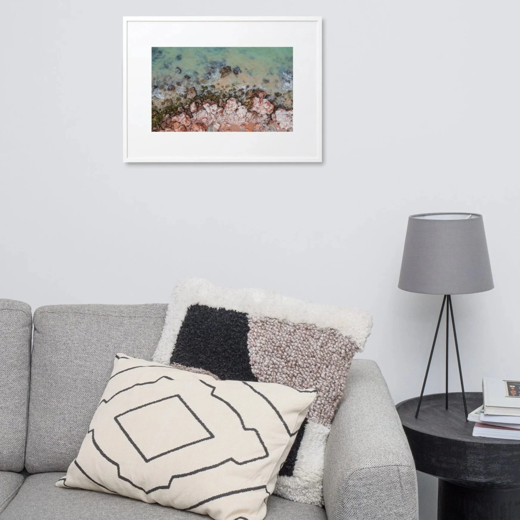 Salt & Stone landscape wall art above couch in modern living room - Australian coastal framed print