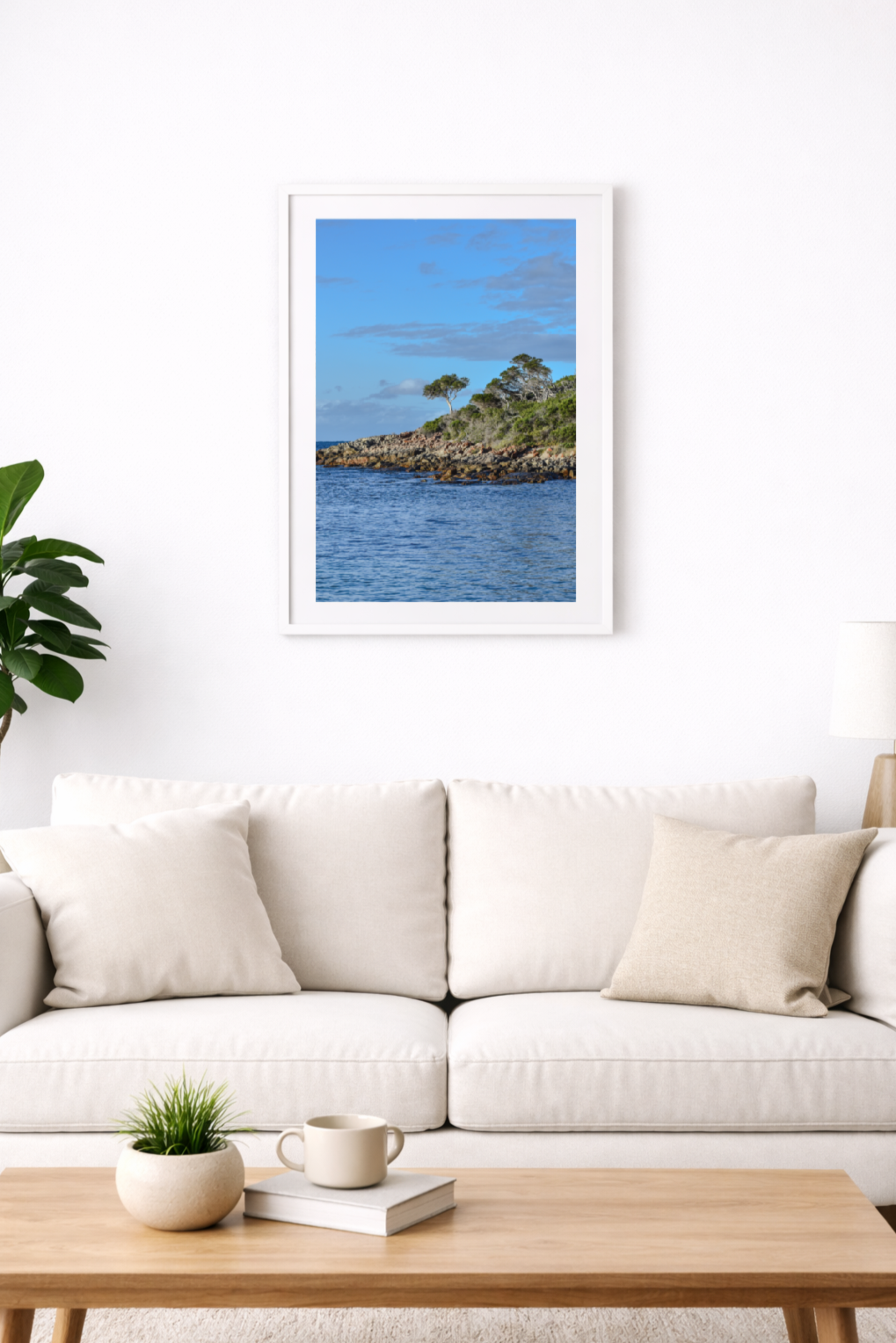 Saltwater watch Lone tree coast, Framed print above couch in modern living room, Bremer Bay, WA