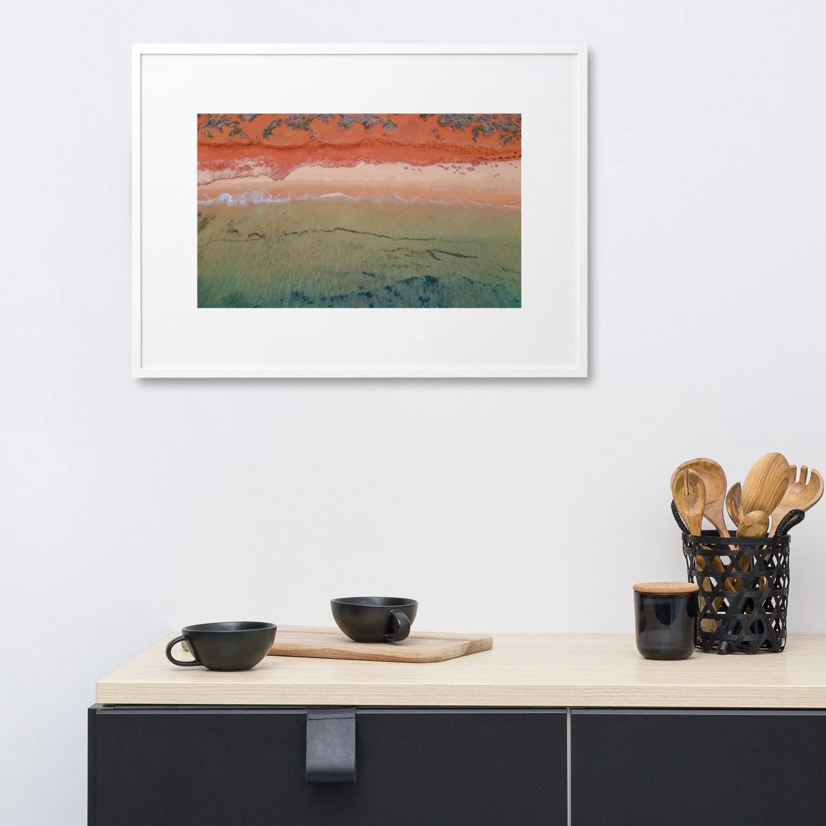 Blush Tides coastal print red sand and turquoise coast in modern living room above buffet, Shark Bay, WA