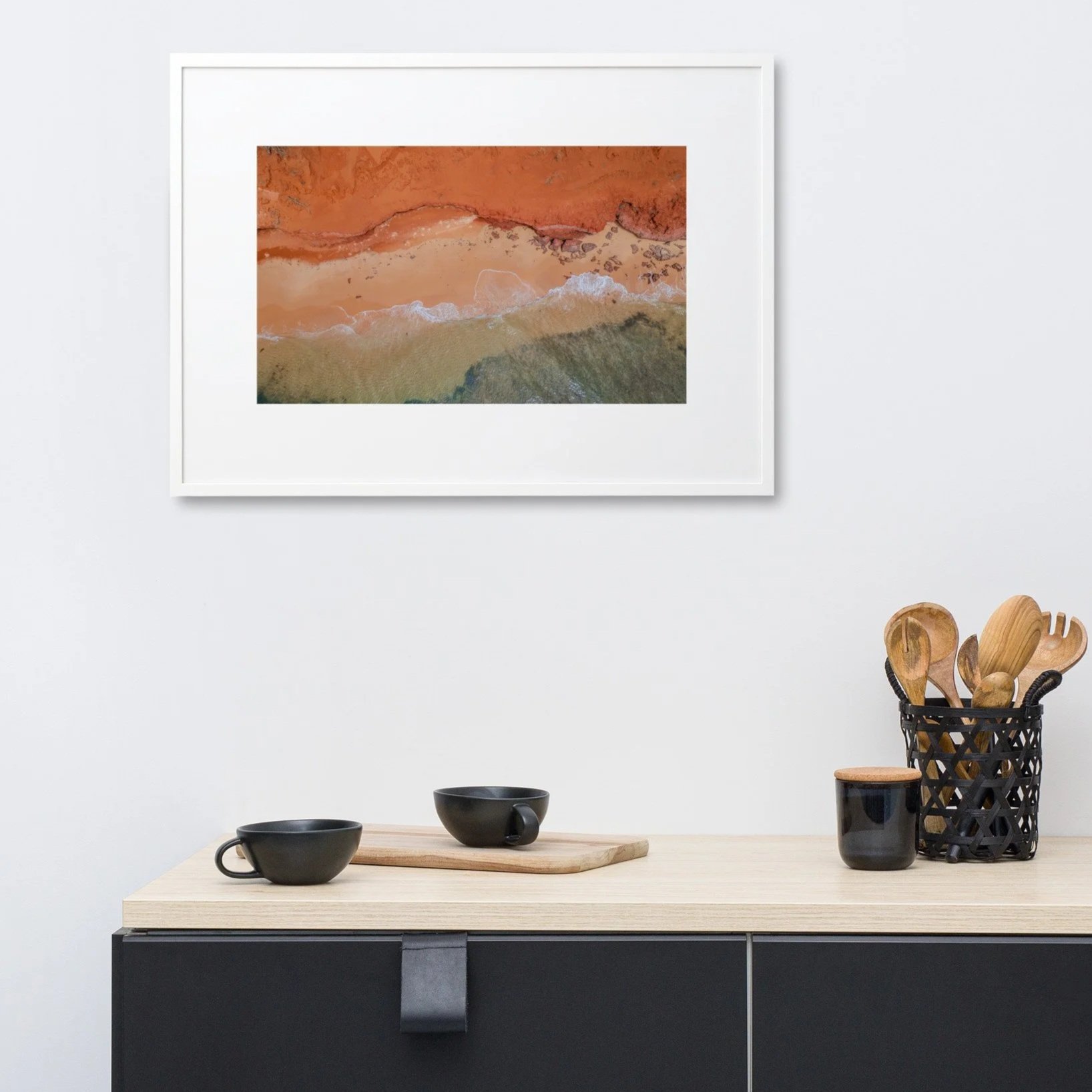 Ember Coast Red sand and turquoise coastal framed print Shark Bay WA modern living room over buffet