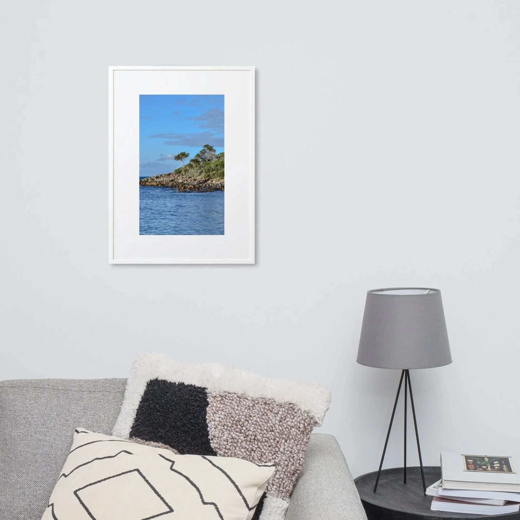 Saltwater watch rugged coast, Framed print above couch in living room, WA