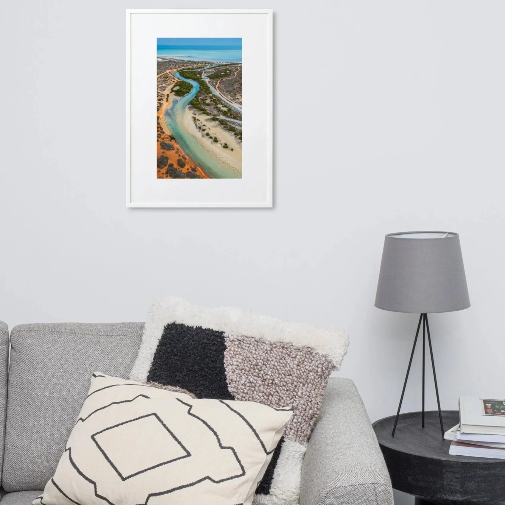 Outback Artery framed print above couch in modern living room, coastal river turquoise water, Little Lagoon, WA