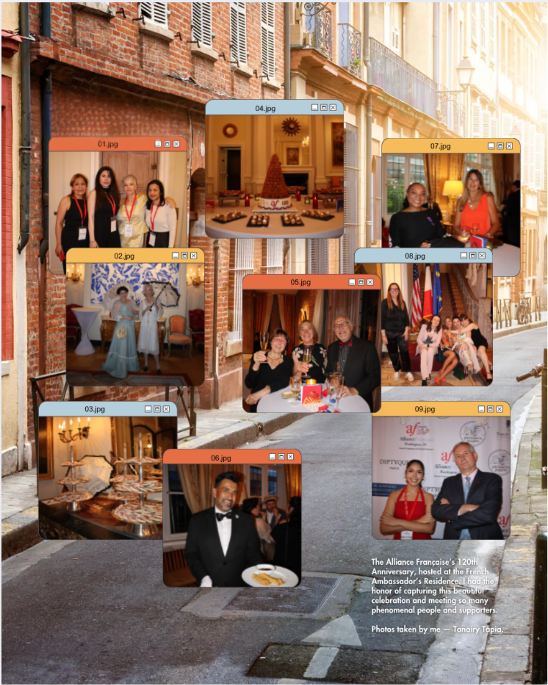 Photos from the French Embassy's 120th Anniversary celebration, hosted at the French Ambassador's Residence. The collage includes images of people at the event, a decorated interior, and food displays. The background shows a city street with brick and stone buildings.