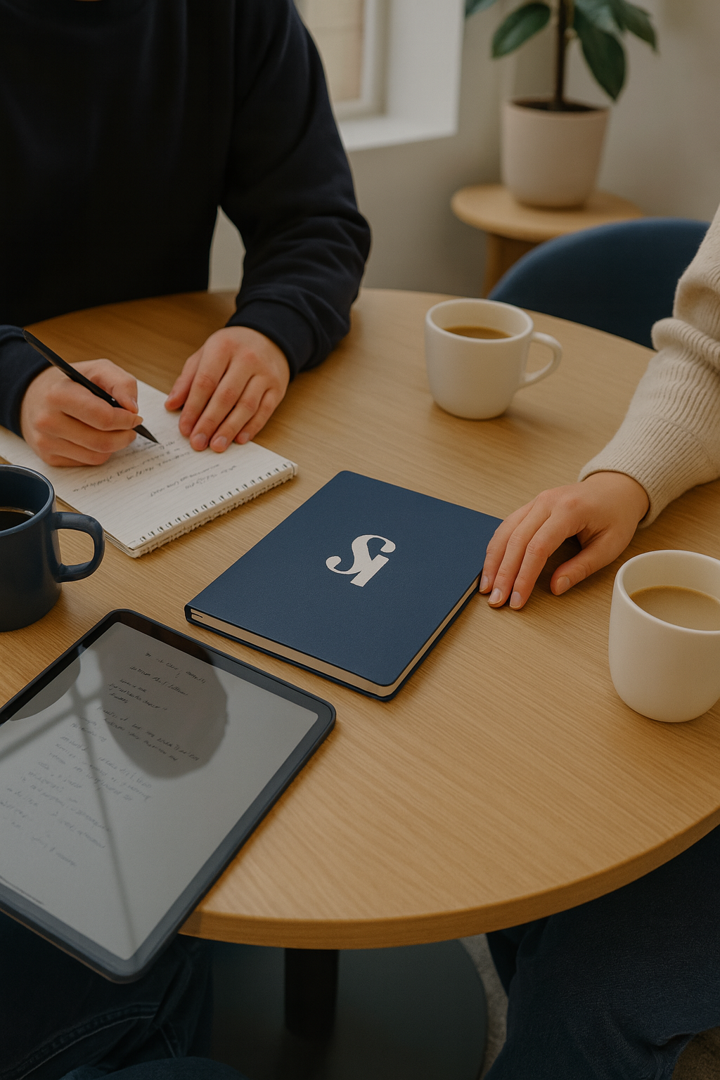 Two people sitting at a wooden table with coffee mugs, a tablet, a blue notebook, and a tablet displaying text, in a cozy room with a potted plant in the background.