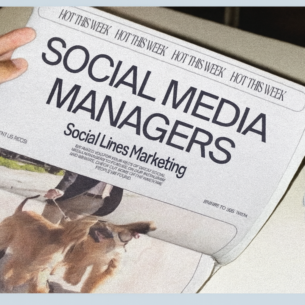 A magazine titled 'Social Media Managers' focusing on social lines marketing, with a top banner that says 'HOT THIS WEEK' repeatedly. The cover features a partial image of a person walking a dog on a leash.